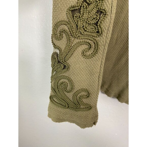 Free People Masquerade Cuff Thermal Sweater Size Small Olive Green Waffle Knit - Picture 10 of 15